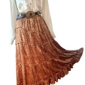Pat Dahnke Boho hippie western tiered maxi skirt  Bronze floral NWT sz Medium